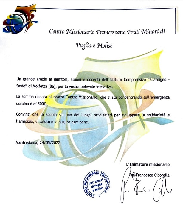 Lettera di ringraziamento Centro Missionario francescano